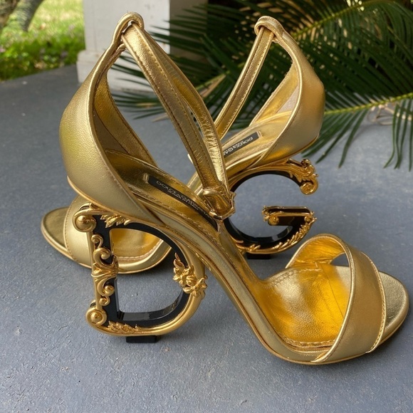 Dolce & GABBANA Keira Baroque DG Metallic Gold Heel Sandal Size 6 / 36 - Picture 5 of 16
